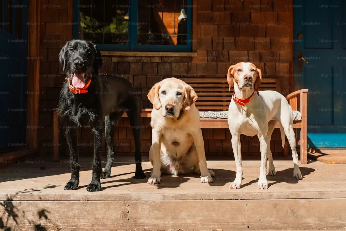Three dogs lined up together on a porch